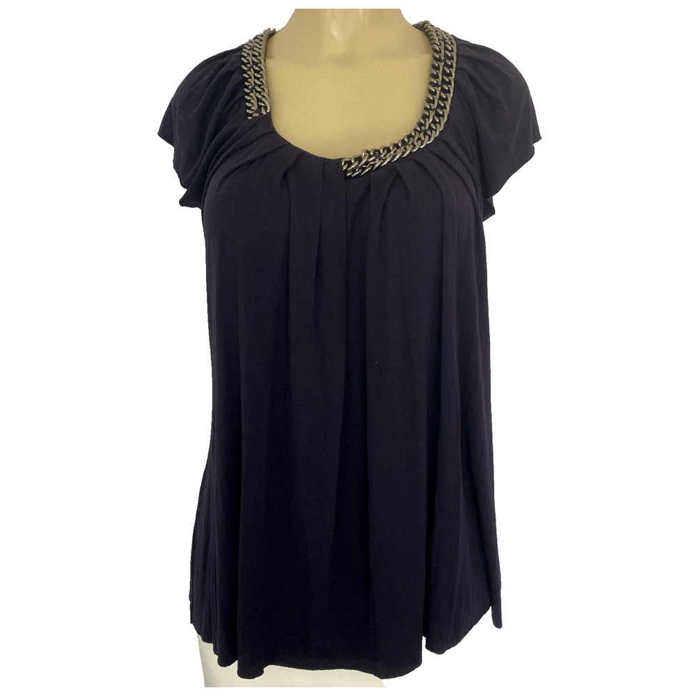 3.1 Phillip Lim Top Blouse Navy Blue Chain Neck Short Sleeve Relaxed Fit Scoop L